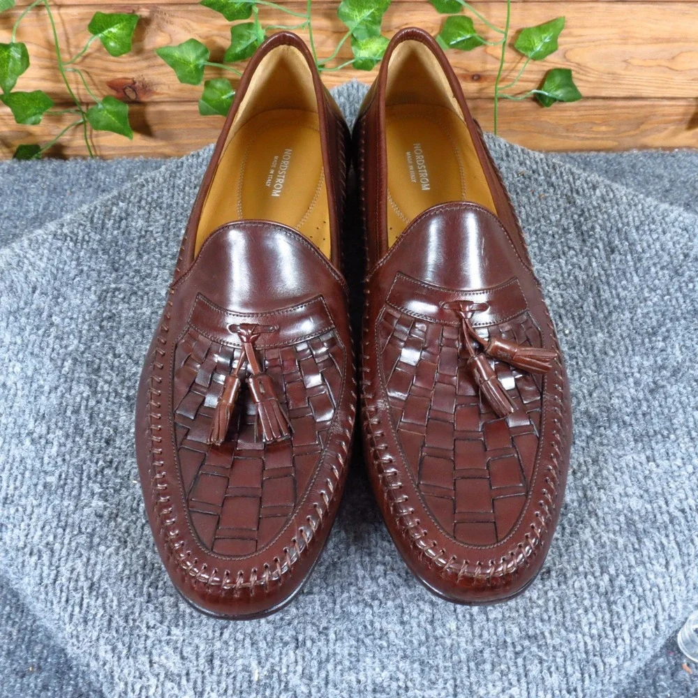 Nordstrom 61094 Mens Tassel Loafer Size 12 Dress Shoes Brown Woven Leather Italy